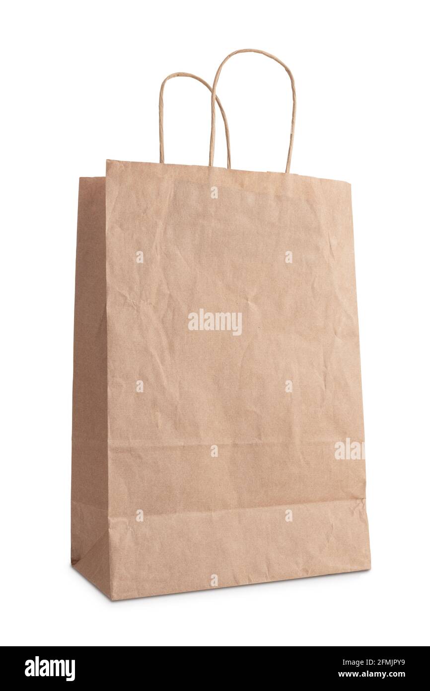 Sacchetto di carta riciclata isolato su sfondo bianco: Mock-up Foto Stock