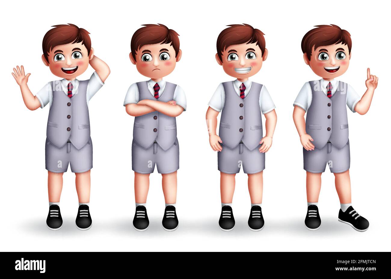 Set di caratteri vettoriali per studenti di scuola. Il 3D maschile torna agli studenti della scuola in uniforme con posa e gesti di piedi, sorridente e triste espressione. Illustrazione Vettoriale