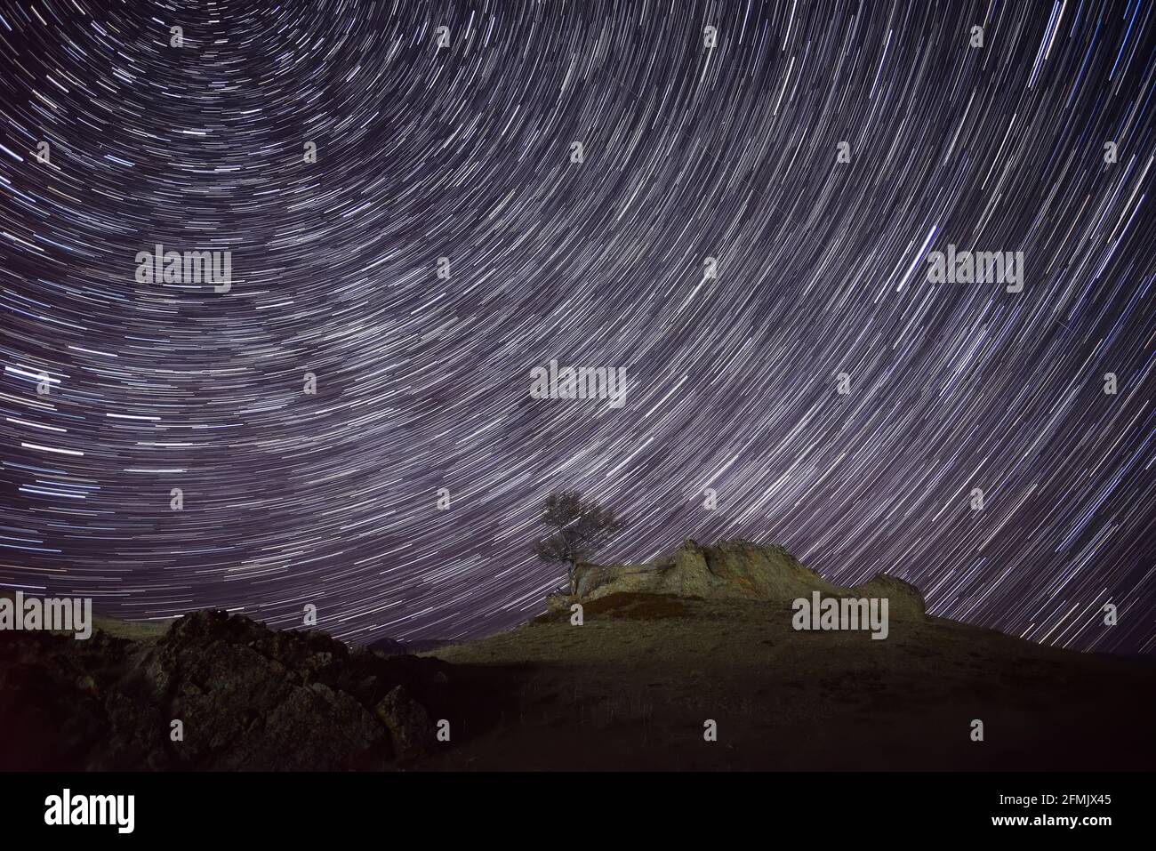 Paesaggio notturno con un albero e rocce sulla cima in montagna sullo sfondo di un cielo stellato con tracce di stelle che girano intorno al pol Foto Stock