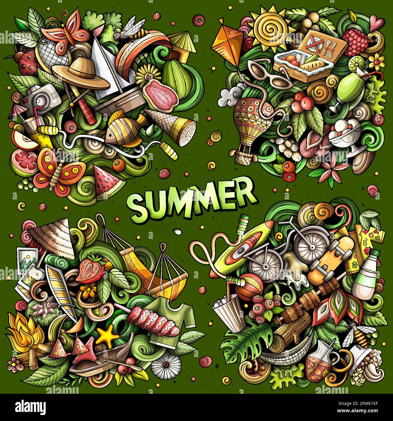 Set di disegni vettoriali doodle cartoni animati estivi. Composizioni colorate e dettagliate con molti oggetti e simboli di stagione. Tutti gli elementi sono separati Illustrazione Vettoriale