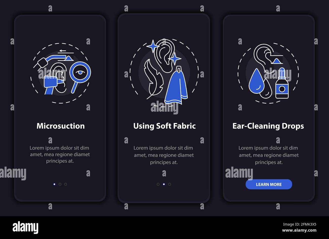 Misure igieniche per l'orecchio sullo schermo della pagina dell'app mobile con i concetti Illustrazione Vettoriale