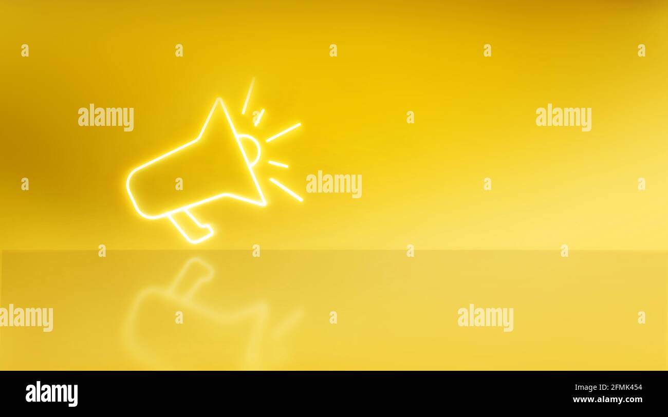 Megafone icona di luce al neon su sfondo giallo studio. Raccomandazione concetto sociale. Foto Stock