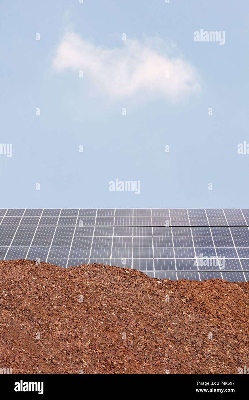 Pila di biomassa davanti ad un grande pannello solare Fattoria nei Paesi Bassi con un cielo blu Foto Stock