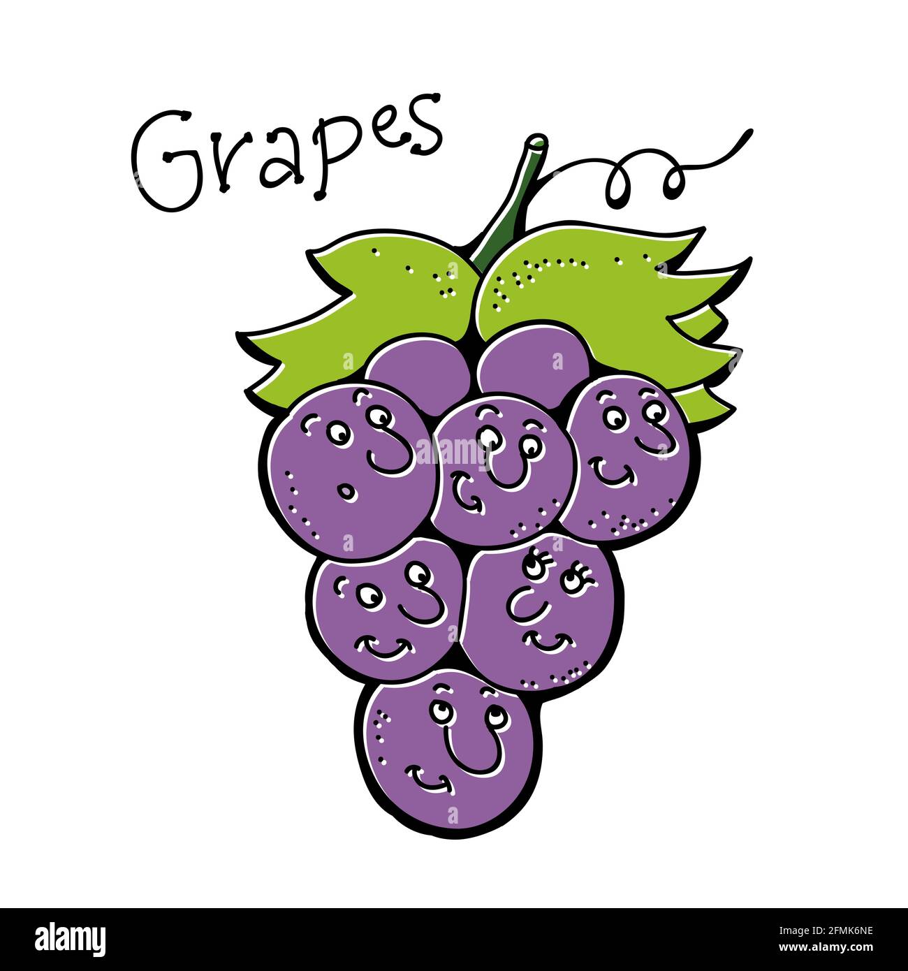 Ramo di uva viola frutta in stile cartone animato con divertente sorriso isolato su sfondo bianco Illustrazione Vettoriale