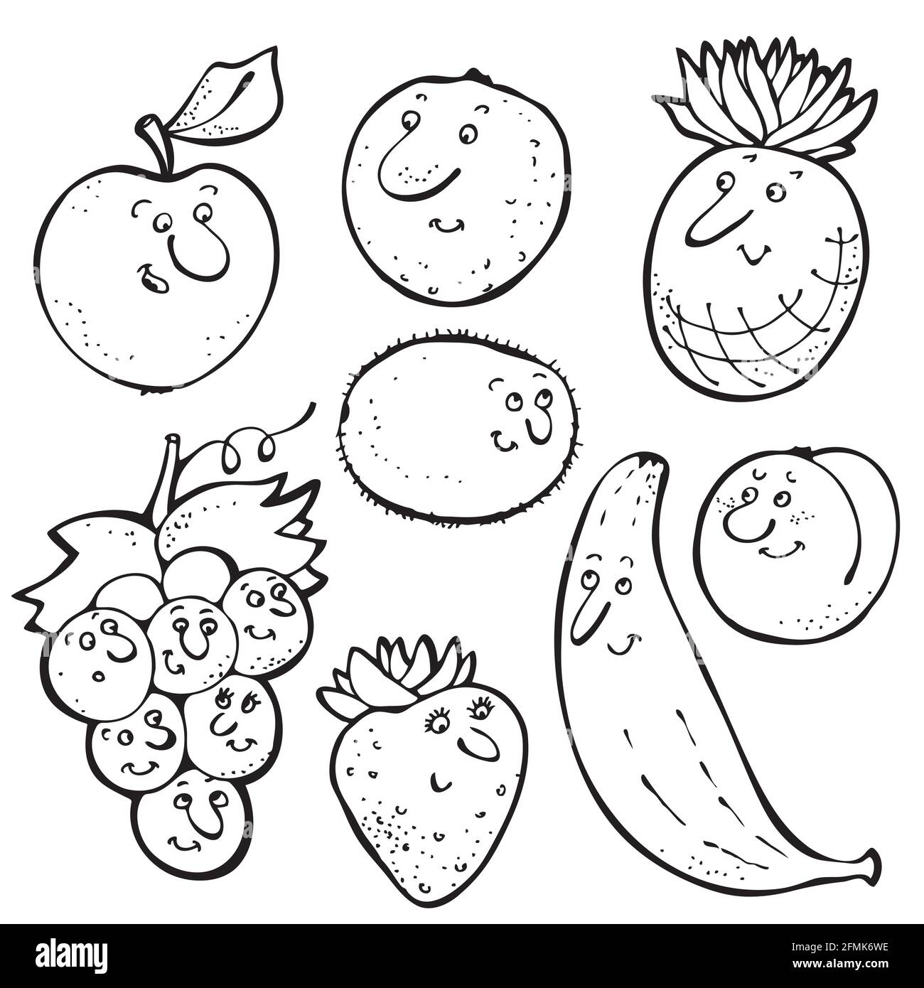 Raccolta di caratteri vettoriali di frutta, frutta divertente disegnata a mano e set di frutti di bosco isolato su sfondo bianco Illustrazione Vettoriale
