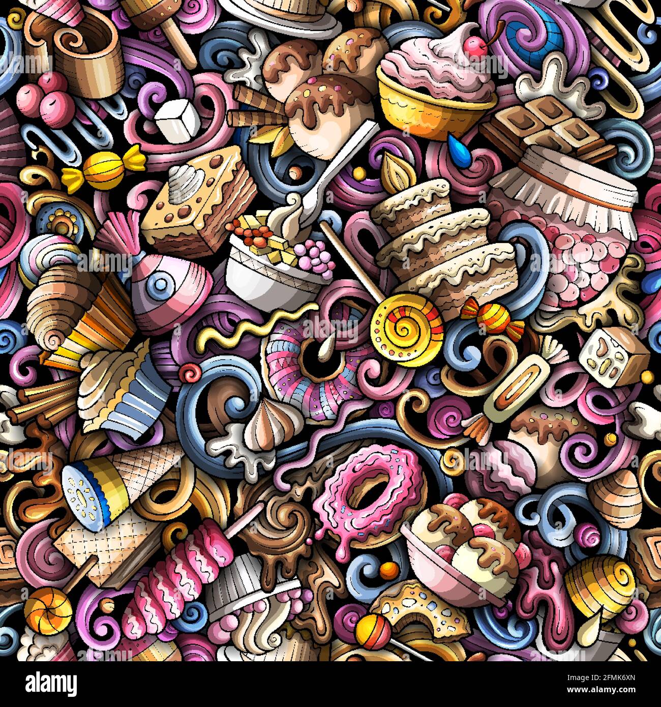 Doodles Cartoon Dessert modello senza cuciture. Illustrazione Vettoriale