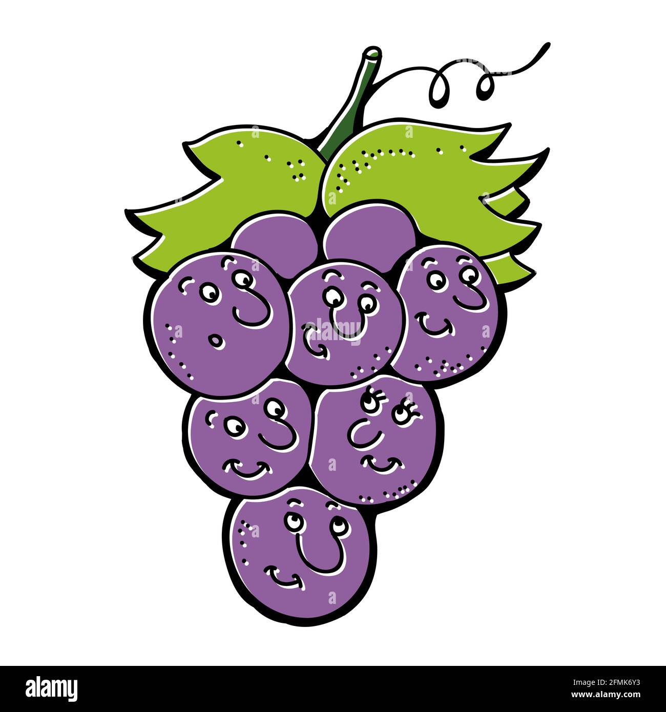 Ramo di uva viola frutta in stile cartone animato con divertente sorriso isolato su sfondo bianco Illustrazione Vettoriale
