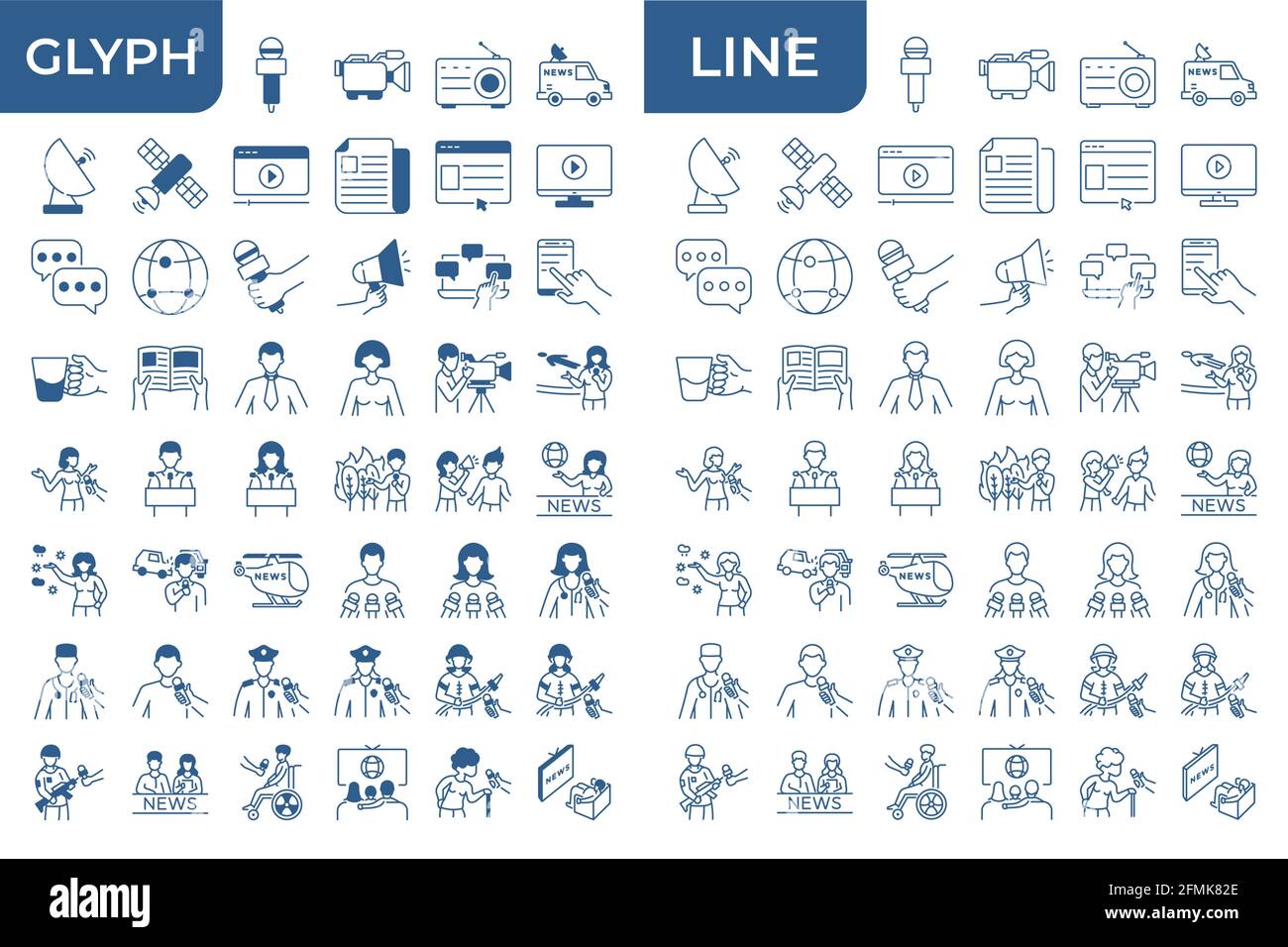 Un insieme di icone lineari e glifi sul tema delle notizie. Icone dei vettori multimediali Illustrazione Vettoriale