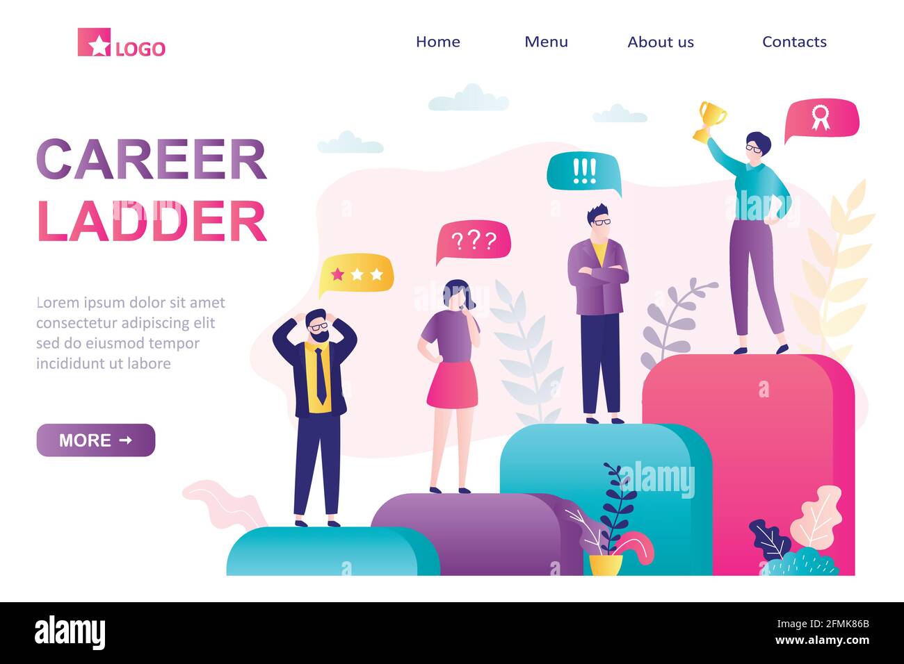 Pagina di destinazione della scala della carriera. Successo in affari, relazioni aziendali. Gruppo di vari uomini d'affari in piedi sulle scale. Ricompensa, businesswo riuscito Illustrazione Vettoriale