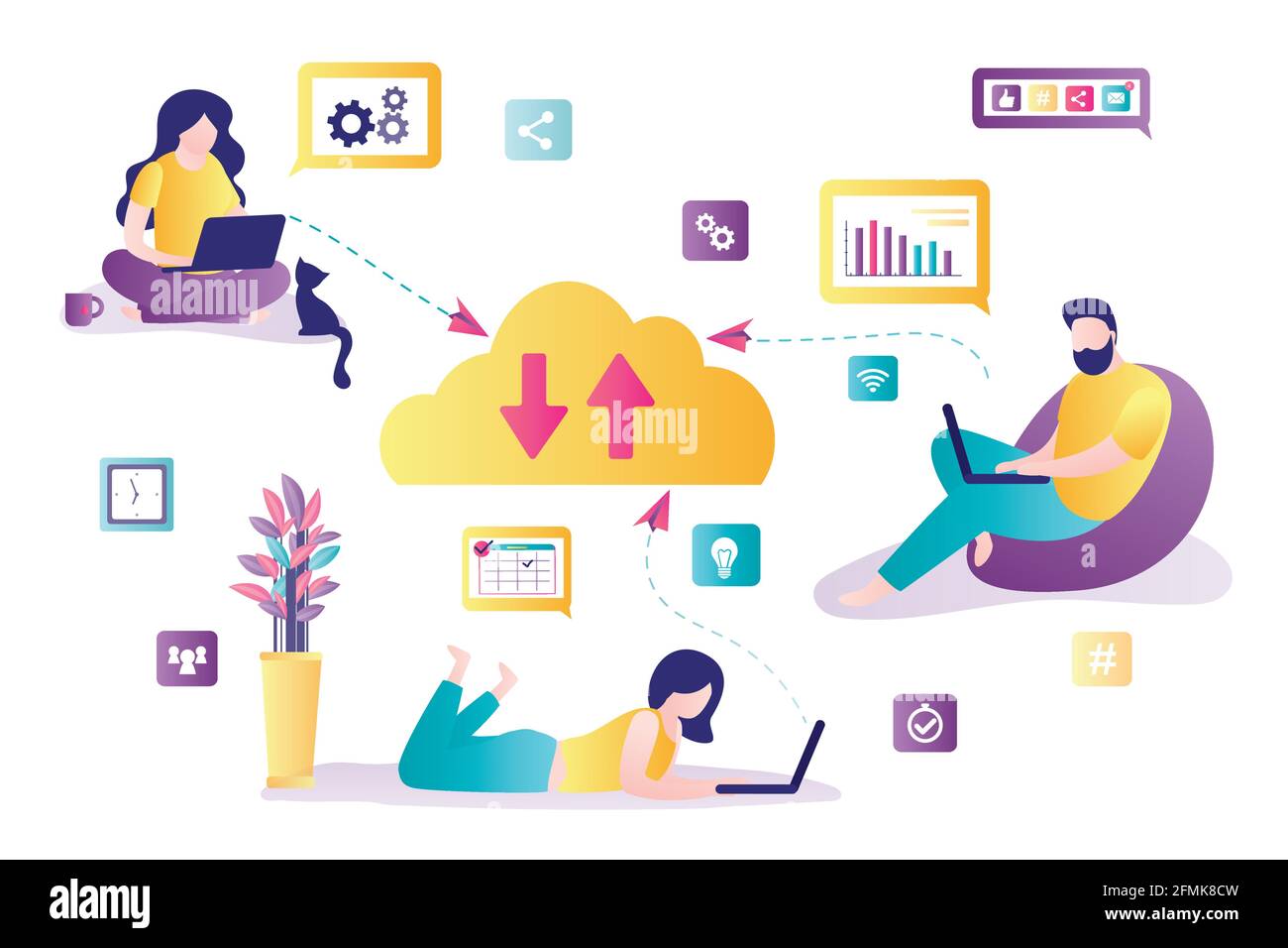 Archiviazione dei dati cloud. Gruppo di uomini d'affari che lavorano online. Scaricare e caricare dati e informazioni via Internet. Concetto di cloud computing. Lavoro remoto. Illustrazione Vettoriale