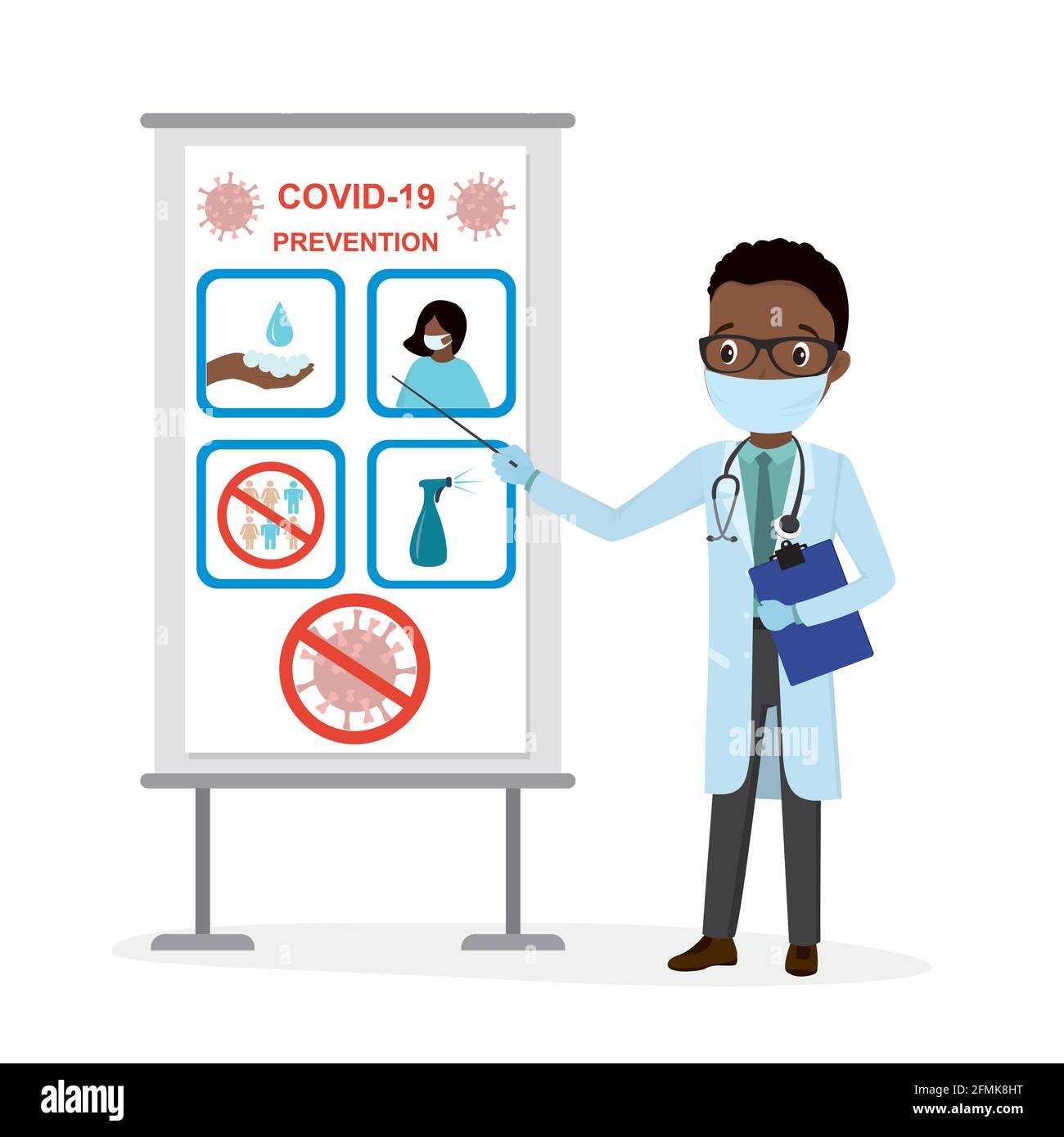 Il medico maschile afroamericano avverte circa la pandemia del coronavirus. Cartoon uomo medico lavoratore, prevenzione covid-19. Indossare la maschera, lavare accuratamente le mani, rimanere Illustrazione Vettoriale