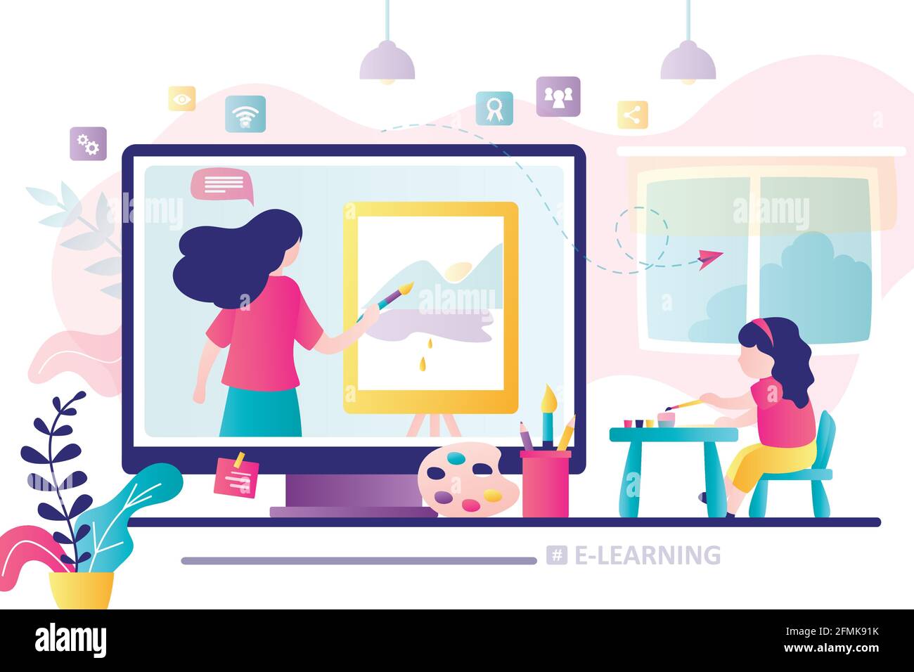 Classe d'arte online. E-learning, formazione a distanza. Tutorial e corsi web. Insegnante di arte donna sullo schermo e studentessa preschooler ragazza con pennello. Disegna Illustrazione Vettoriale