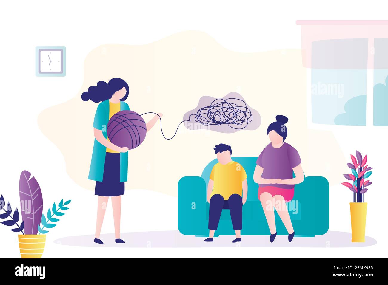 Ragazzo adolescente con madre in consultazione con psicologo. Il medico sta parlando con il bambino. Psicoanalisi, professionista risolve i problemi mentali. Camera compresa Illustrazione Vettoriale