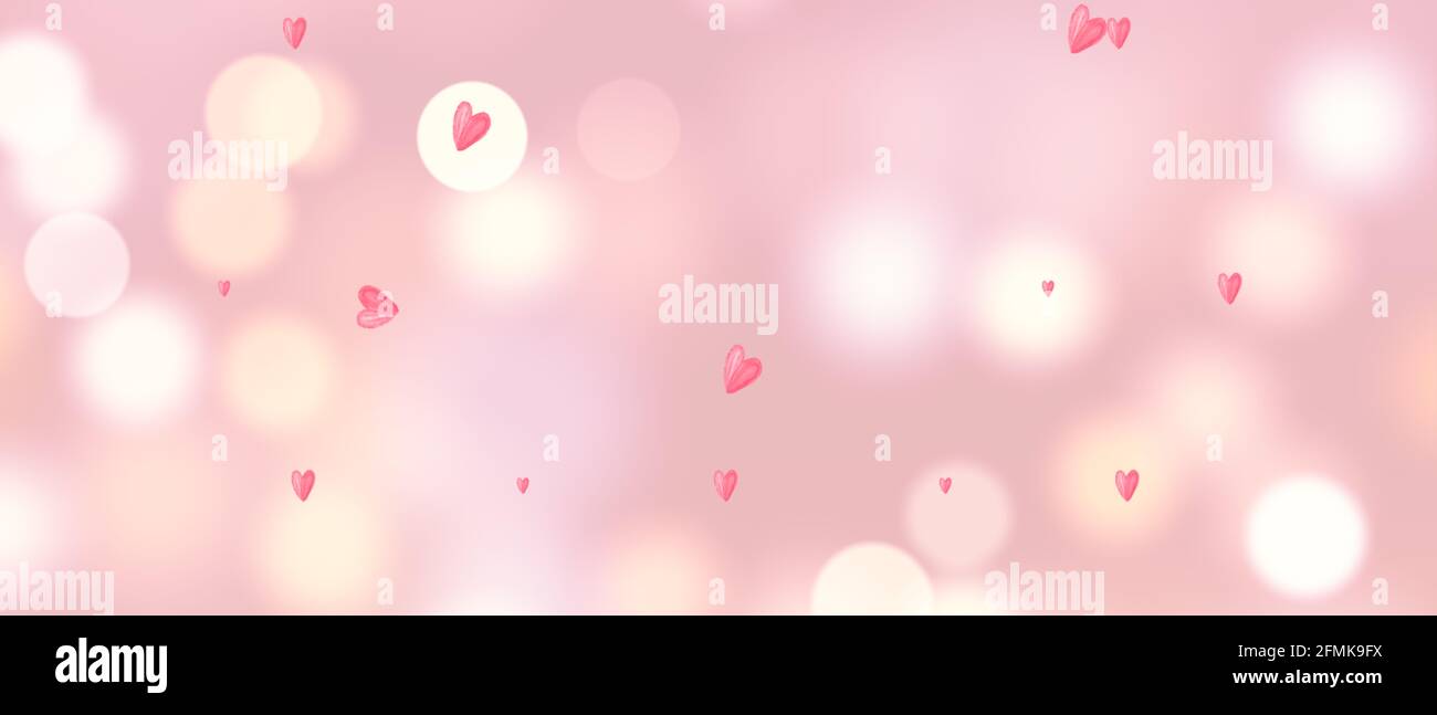 Sfondo rosa astratto con cuori e luci bokeh. (Illustrazione) Foto Stock