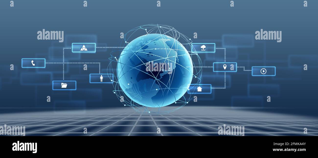 Connessioni di rete futuristiche astratte, business, concetto di dati globali con icone di business e globo terrestre digitale su sfondo blu, Foto Stock