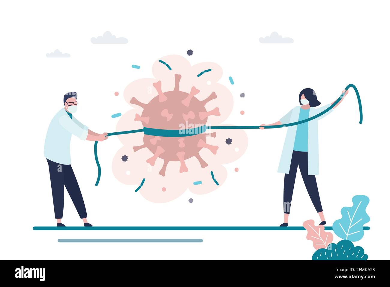 I medici interrompono la diffusione di virus e malattie. Operatore medico in maschere di protezione catturati e tenere indietro coronavirus. Concetto di assistenza sanitaria. Ricerca di virus. G Illustrazione Vettoriale