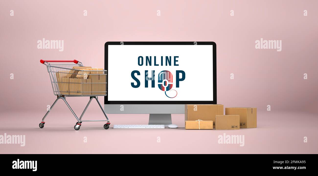 Concetto di shopping online. Testo del negozio online sul display del computer con carrello della spesa e scatole di consegna isolate su sfondo rosa. rendering 3d. Foto Stock