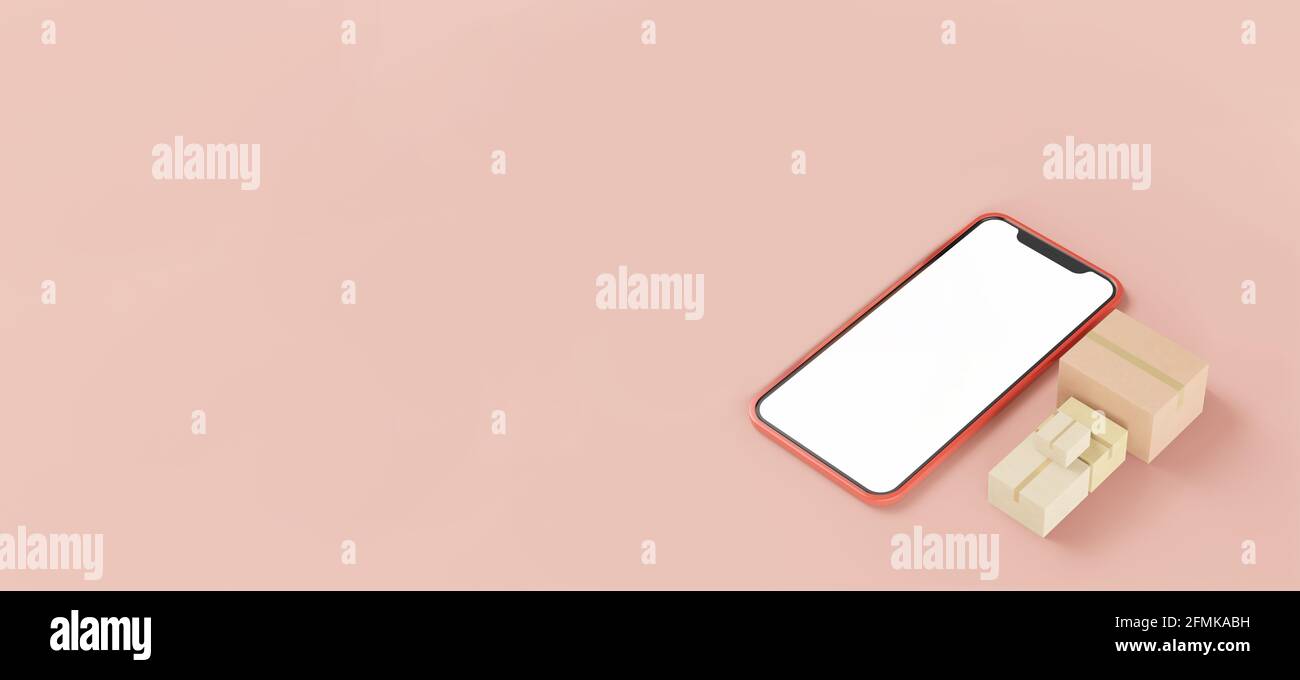 Schermo dello smartphone vuoto e scatole di consegna in cartone su sfondo rosa pastello. E-commerce, online, telefono, concetto di shopping domestico. rendering 3d Foto Stock