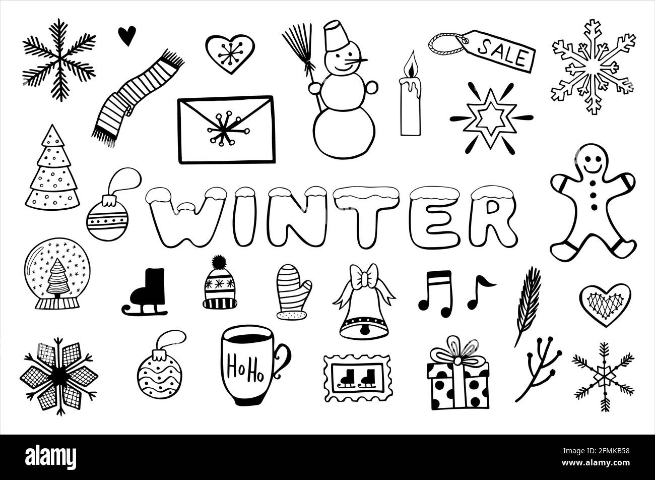 Illustrazioni invernali in bianco e nero, insieme di semplici disegni vettoriali disegnati a mano in stile doodle Illustrazione Vettoriale