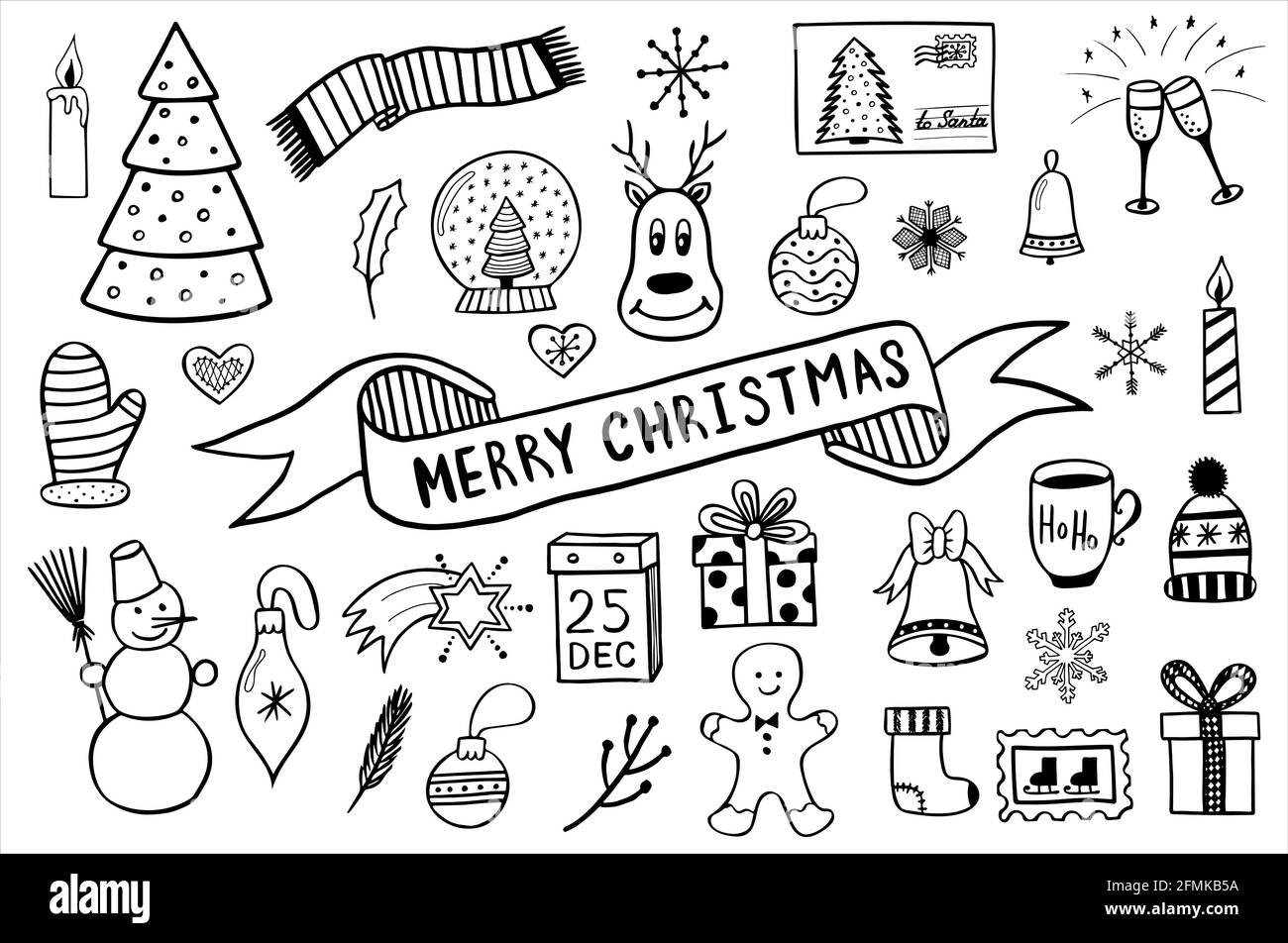 Illustrazioni di Natale in bianco e nero, insieme di semplici disegni vettoriali disegnati a mano in stile doodle Immagine e Vettoriale - Alamy