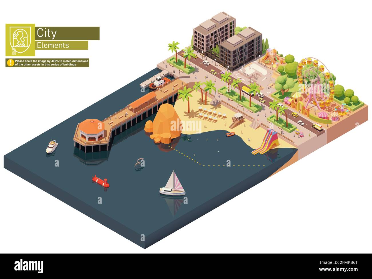 Vector Isometric spiaggia molo e parco divertimenti Illustrazione Vettoriale