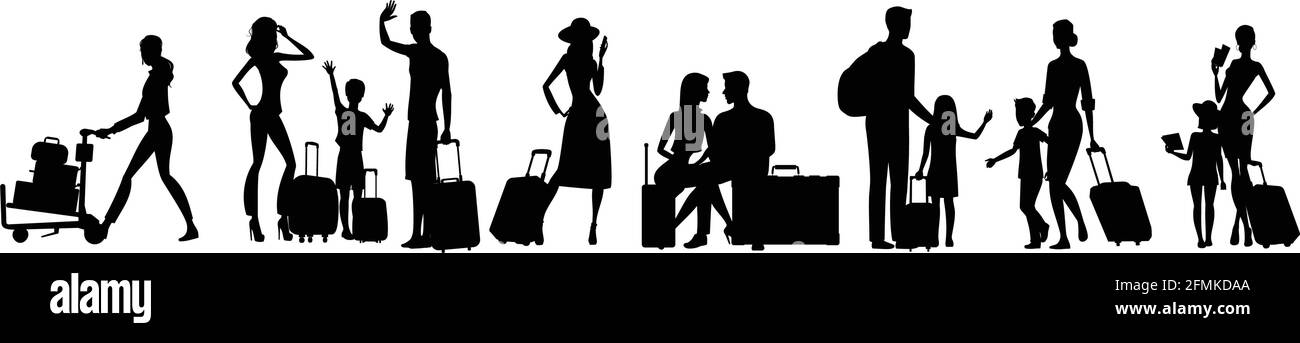 famiglie e silhouette, vacanza. Illustrazione vettoriale delle silhouette della famiglia in attesa in terminal o aeroporto. Illustrazione Vettoriale