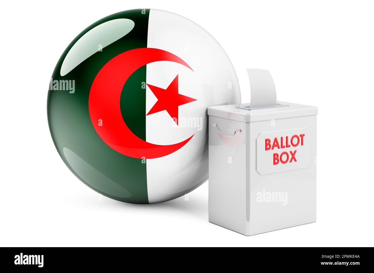 Scatola con bandiera algerina. Elezione in Algeria. Rendering 3D isolato su sfondo bianco Foto Stock