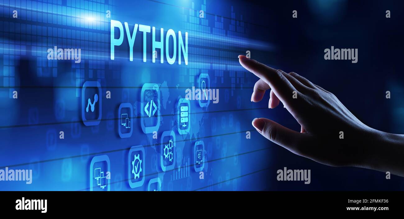 Python linguaggio di programmazione sviluppo di applicazioni codifica Internet tecnologia concetto. Foto Stock