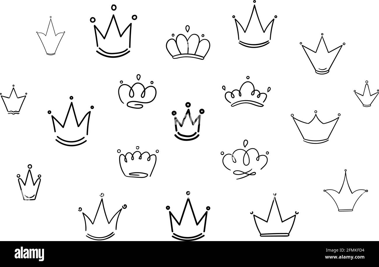 Set di corone disegnate a mano in forme diverse. Semplici corone divertenti isolate su sfondo bianco. Linee e bordi uniformi. Disegni in bianco e nero. Illustrazione Vettoriale