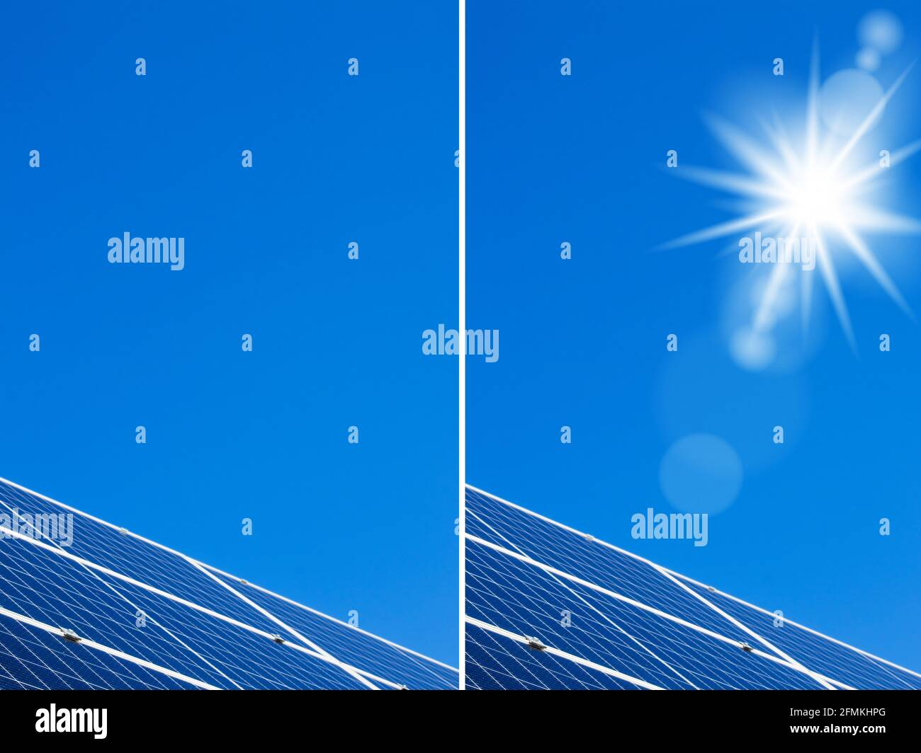 Pannelli solari sole e cielo blu sfondo. Energia solare pulita. Energia elettrica verde rinnovabile a buon mercato Foto Stock