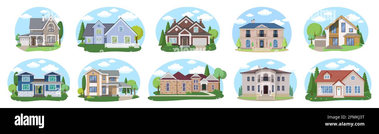 Grandi case insieme N2, Vector edifici set. Case a disegno piatto isolate su sfondo bianco. Illustrazione Vettoriale