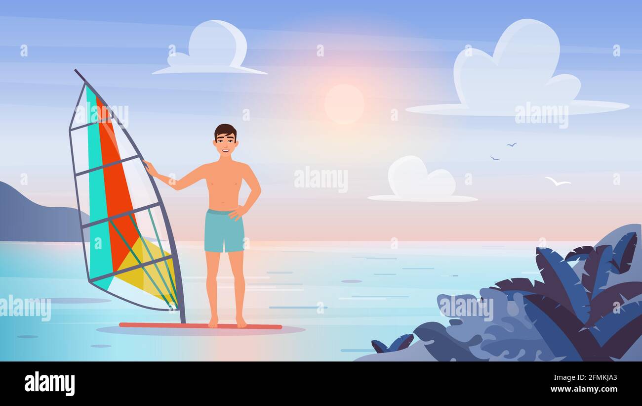 Persone windsurf, sport acquatici estremi illustrazione vettoriale. Cartoon giovane turista sportivo windsurf uomo carattere windsurf, vela in mare tropicale o paesaggio oceanico, estate vacanza sfondo Illustrazione Vettoriale