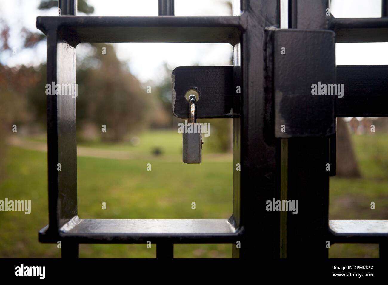 un dettaglio ravvicinato di una porta in ferro battuto nero con lucchetto che mostra uno sguardo del giardino privato oltre. REGNO UNITO Foto Stock