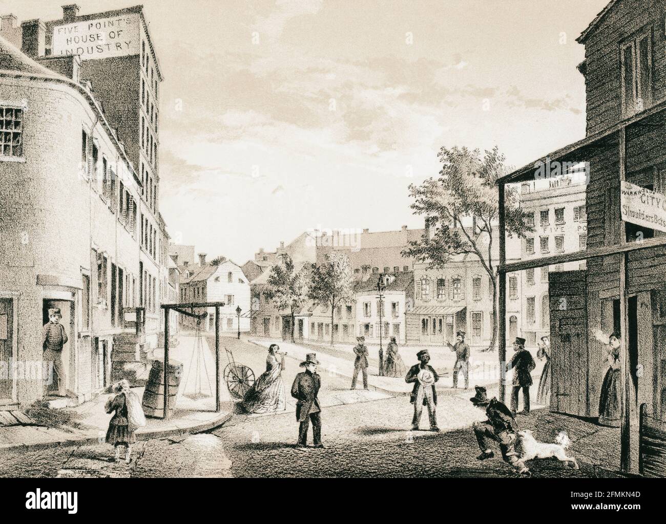 I cinque punti nel 1859, visto dall'angolo di Worth Street e Little Water Street. New York City, Stati Uniti d'America. Foto Stock