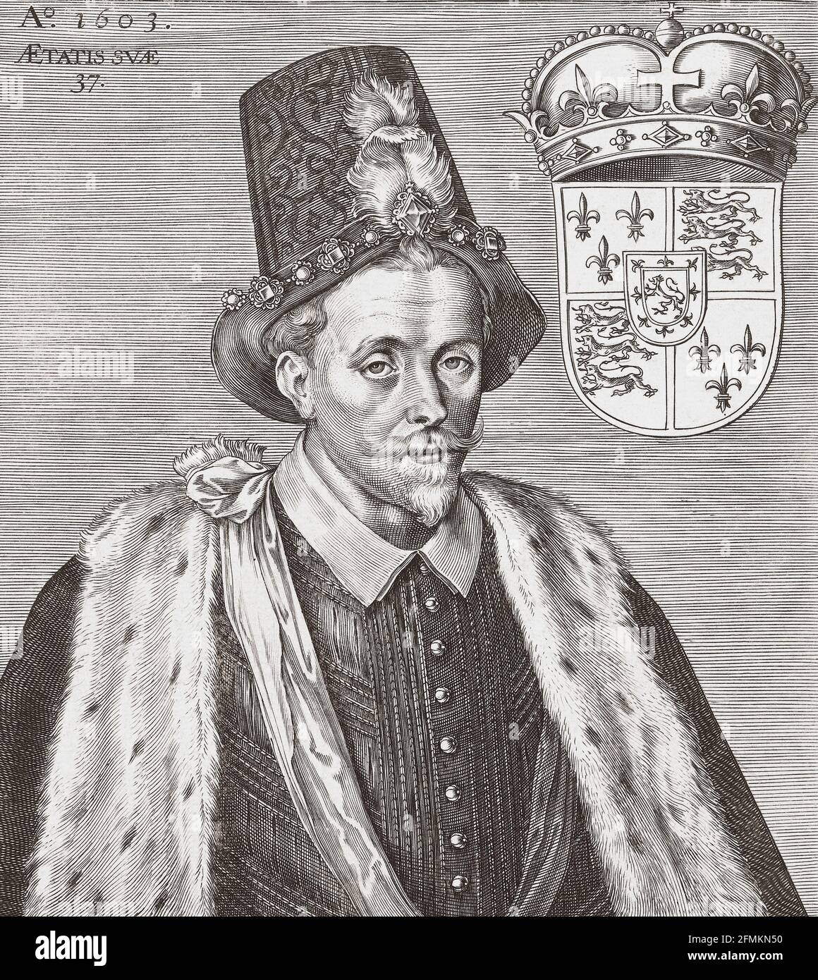 Giacomo VI e i, 1566 – 1625. Re di Scozia come Giacomo VI dal 24 luglio 1567 e re d'Inghilterra e d'Irlanda come Giacomo i dal 24 marzo 1603 al 1625. Dopo un'incisione all'inizio del XVII secolo. Foto Stock