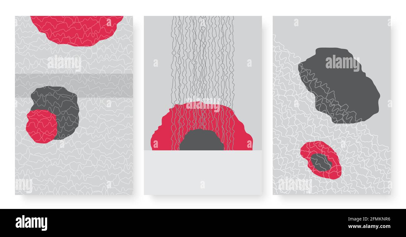 Set di illustrazioni vettoriali con motivo a forma di grigio rosso astratto e tracciate a mano. Figure minimal shapeless, poster da parete design, sfondo modello sfondo per storie di social media Illustrazione Vettoriale