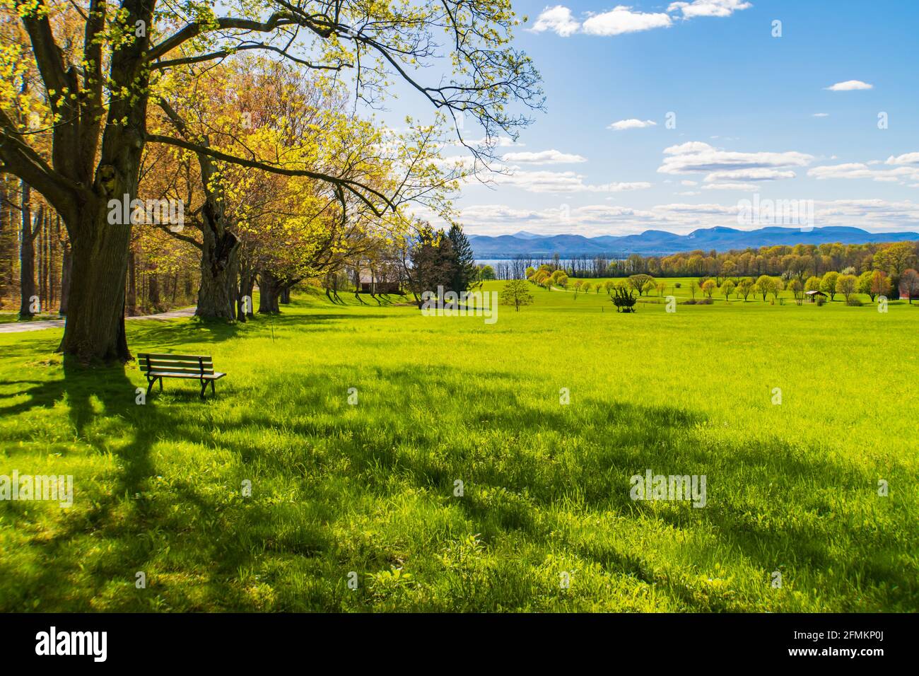 Vista in primavera del lago Champlain in Vermont e il Adirondack Mountains a New York Foto Stock