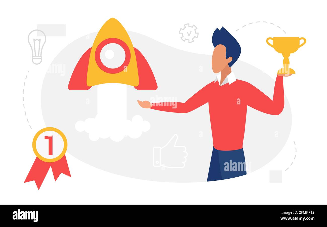 La gente lancia il razzo, l'illustrazione del vettore di concetto di avvio di affari di successo. Cartoon lavoro riuscito del carattere dell'uomo d'affari, lanciando il progetto dell'astronave, uomo che tiene il premio del trofeo d'oro isolato su bianco Illustrazione Vettoriale