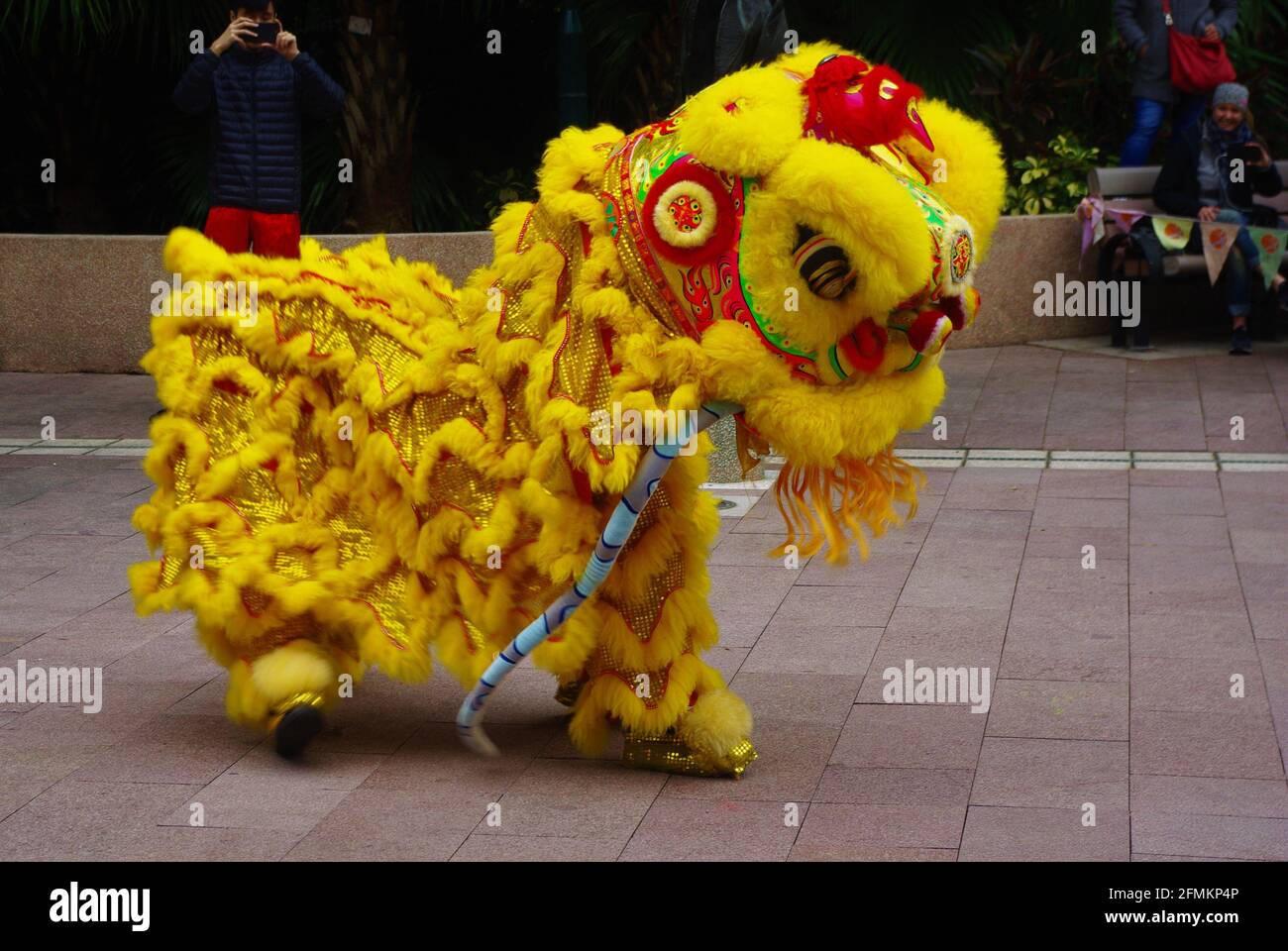 Lion Dance Performers, Kung fu Corner, Kowloon Park, Hong Kong, Cina, Asia Foto Stock