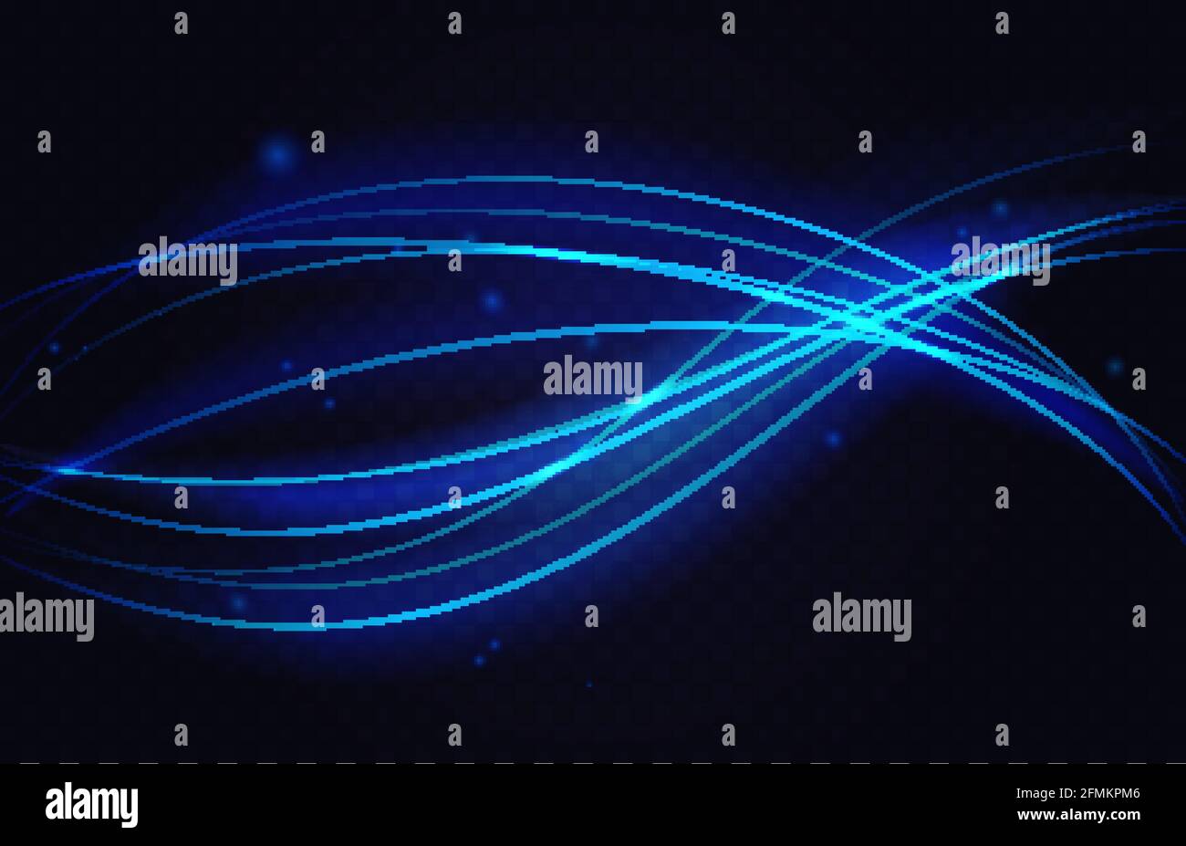 Forme d'onda di movimento a velocità luminosa al neon, illustrazione vettoriale astratta dell'effetto luminoso. Le linee di energia e le onde blu con particelle scintillano le stelle, la luminosità magica e brillante su sfondo nero trasparente Illustrazione Vettoriale
