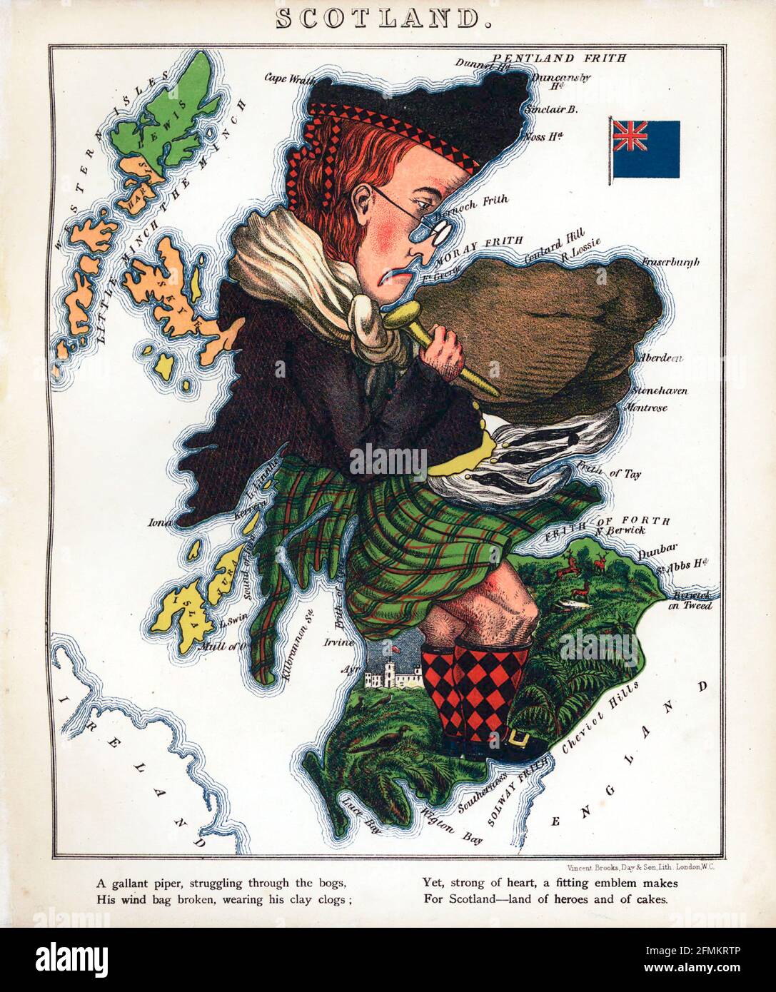 Scozia – divertimento geografico. Mappa satirica / cartografica illustrata. Pubblicato a Londra dalla ditta di Hodder e Stoughton nel 1869. Foto Stock
