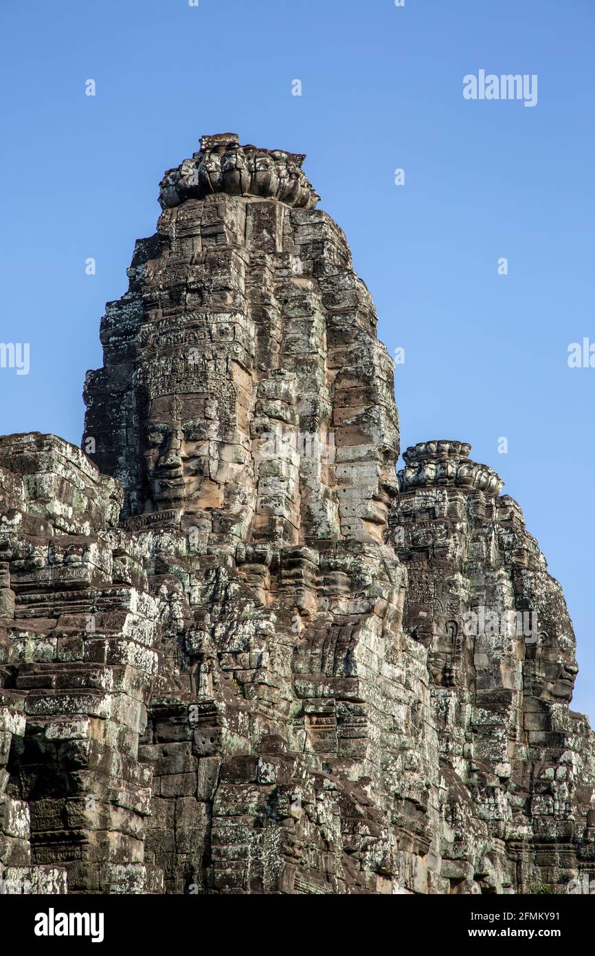 Face Towers, il Bayon, Angkor Thom, Angkor Archaeological Park, Siem Reap, Cambogia Foto Stock