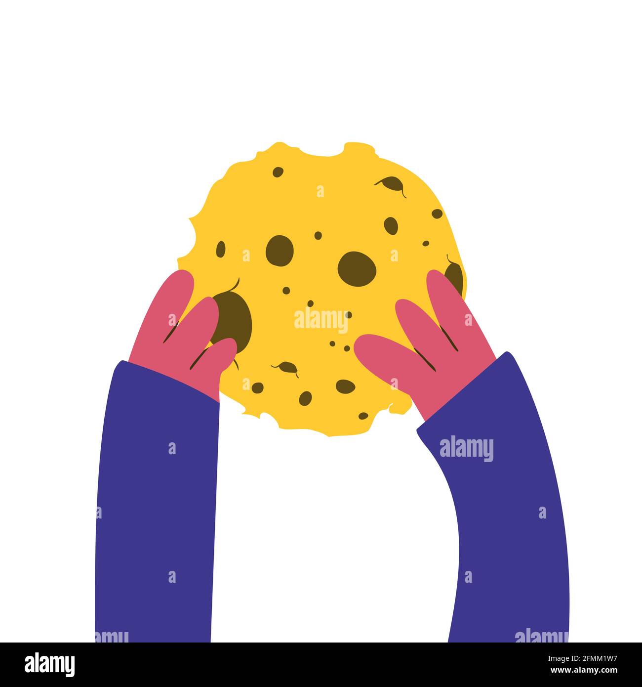 Mani che tengono la luna. Immagine vettoriale a colori piatti. Design divertente per poster, cartoline, adesivi. Illustrazione Vettoriale