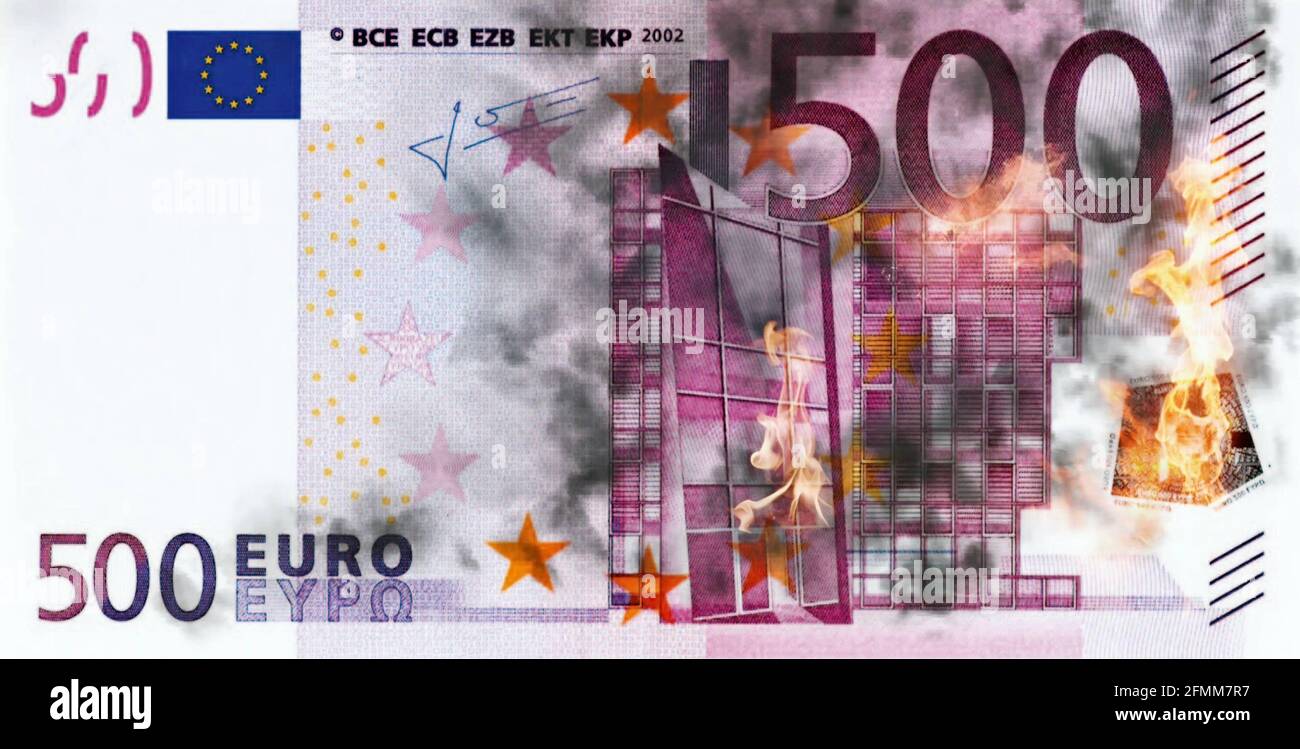 Banconota da 500 euro sul fuoco per il fallimento della moneta euro,  cattivi investimenti, uscita di nazioni dall'Europa, un crollo del mercato  azionario, la fine di euro Foto stock - Alamy