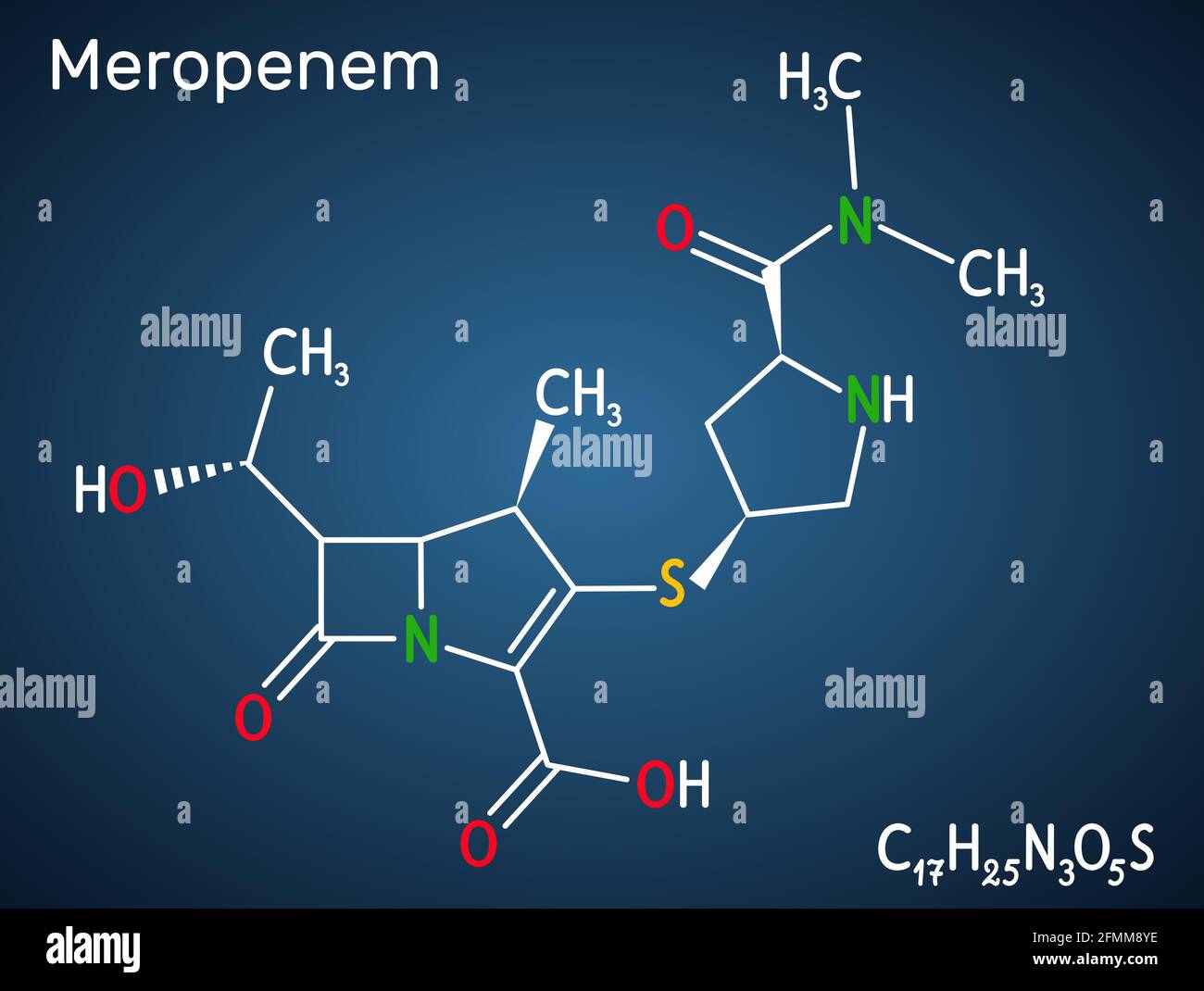 Molecola di Meropenem. Si tratta di un antibiotico carbapenem ad ampio spettro. Formula chimica strutturale e modello molecolare su sfondo blu scuro. Vettore ill Illustrazione Vettoriale