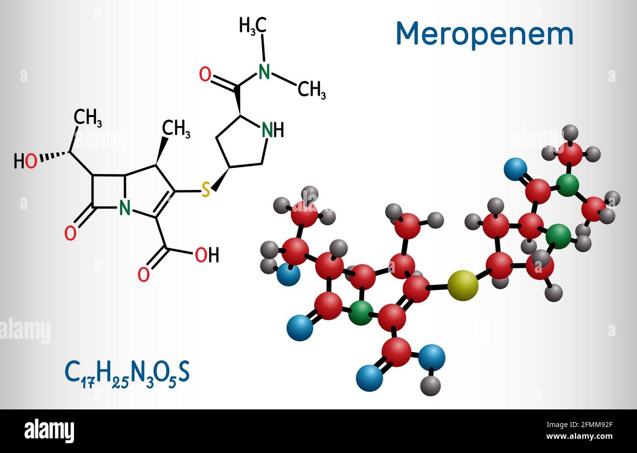Molecola di Meropenem. Si tratta di un antibiotico carbapenem ad ampio spettro. Formula chimica strutturale e modello molecolare. Illustrazione vettoriale Illustrazione Vettoriale