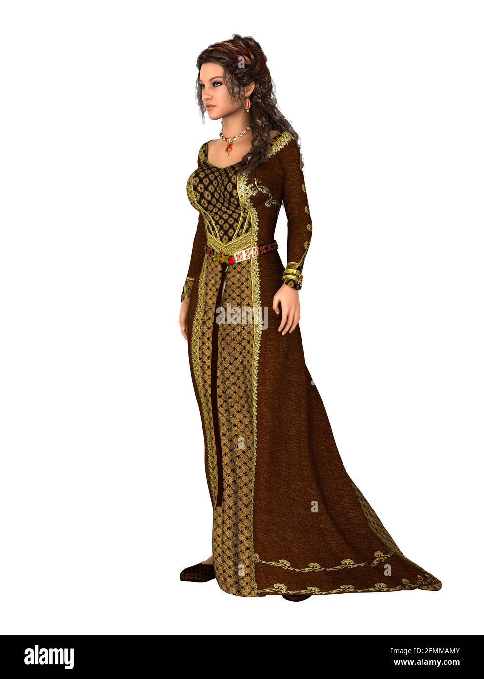 Donna in abito medievale marrone in piedi. Isolato su bianco Foto stock -  Alamy