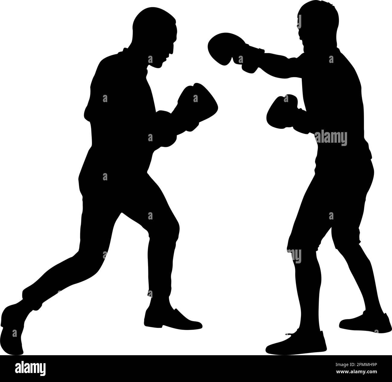 Silhouette nera di un atleta boxer su uno sfondo bianco. Illustrazione Vettoriale