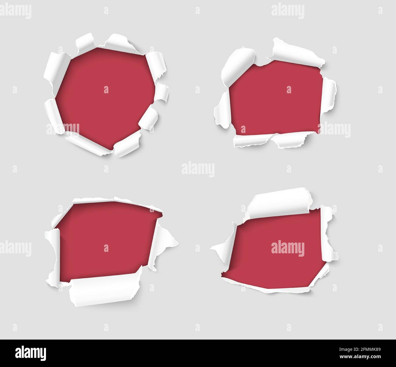 Set di fori per moduli con bordi strappati in foglio di carta bianco immagine 3d realistica. Raccolta di violazioni e gap. Carta bianca danneggiata strappata Illustrazione Vettoriale