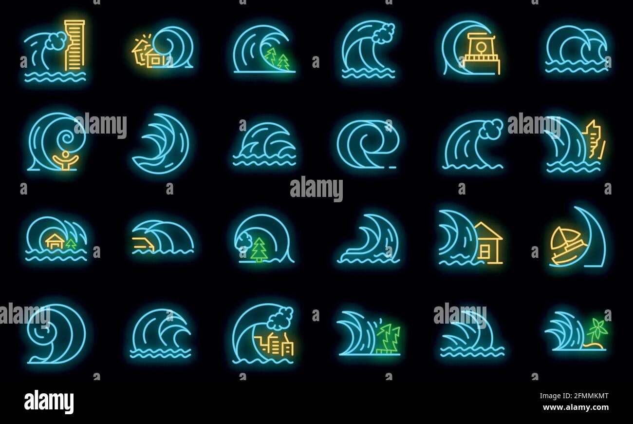 Icone tsunami impostate. Contorno insieme di icone vettoriali tsunami colore neon su nero Illustrazione Vettoriale